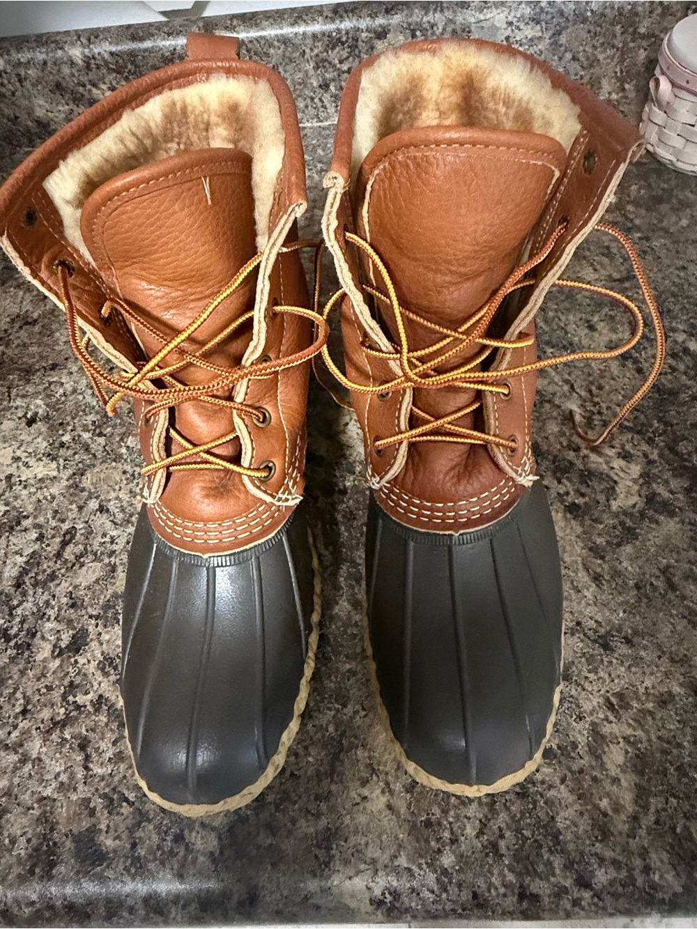 L.L. Bean Brown Leather and Dark Brown Rubber Duck Boots with Shearling Lining